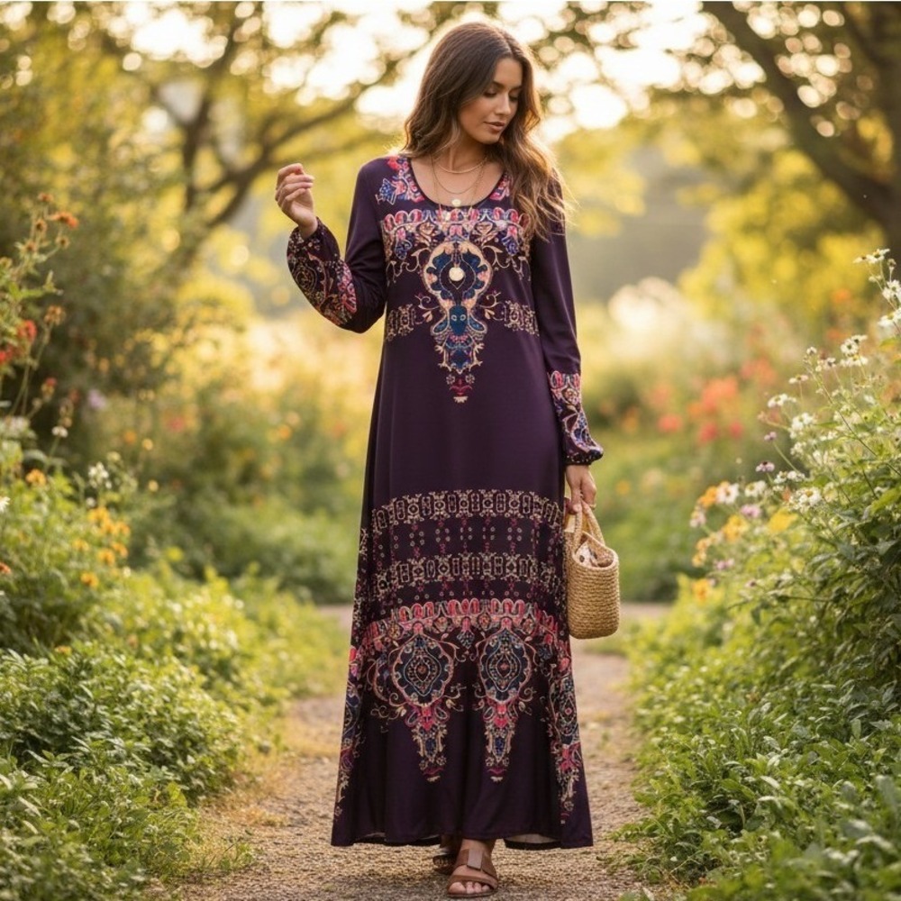 Women's Maxi Dress Black Floral Print Boho Cottagecore Y2K Round Neck Pullover M